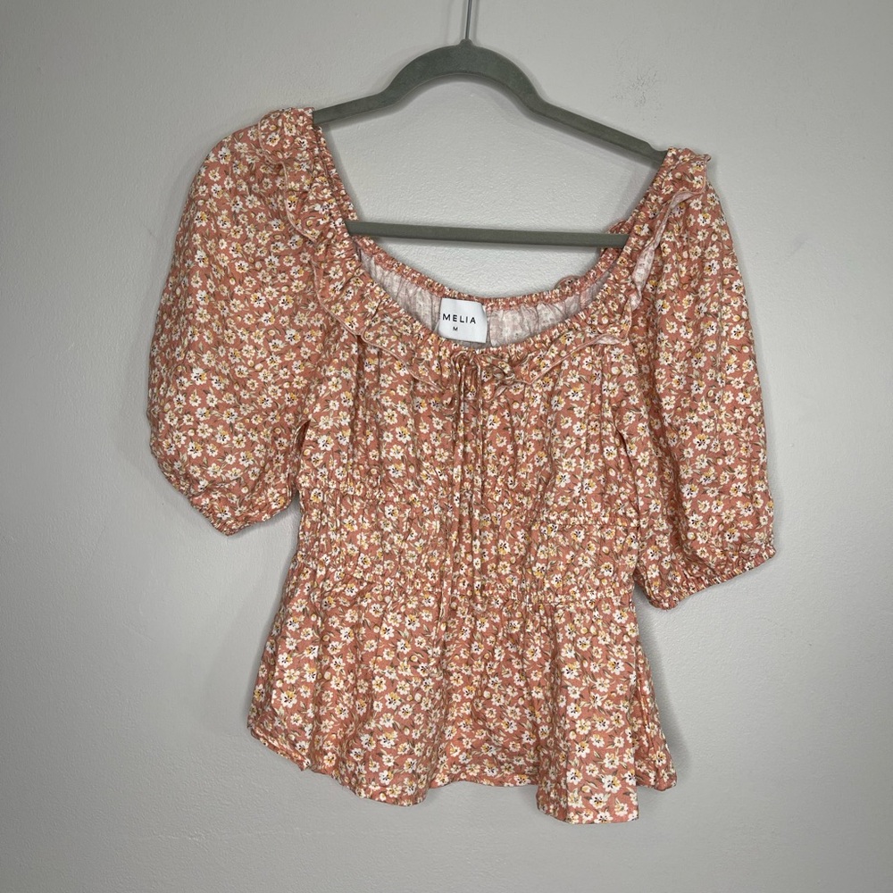 Emelia Floral Linen Rayon Cottagecore Milkmaid Bubble Sleeves Blouse M